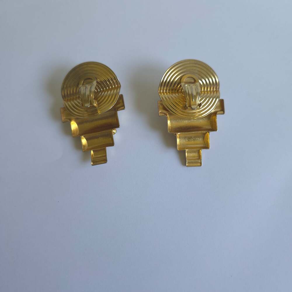 Vintage 1980s Artβ Deco Revival Clip On Earrings Gold Tone Black Rhinestone - Picture 4 of 8